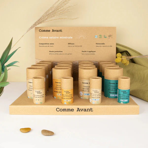 Display of 16 solid sunscreens Monoi + 4 presentation products offered