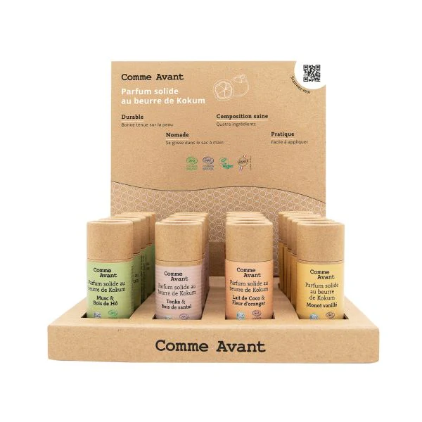 Présentoir de 16 parfums solides boisés + 4 produits de présentation offerts