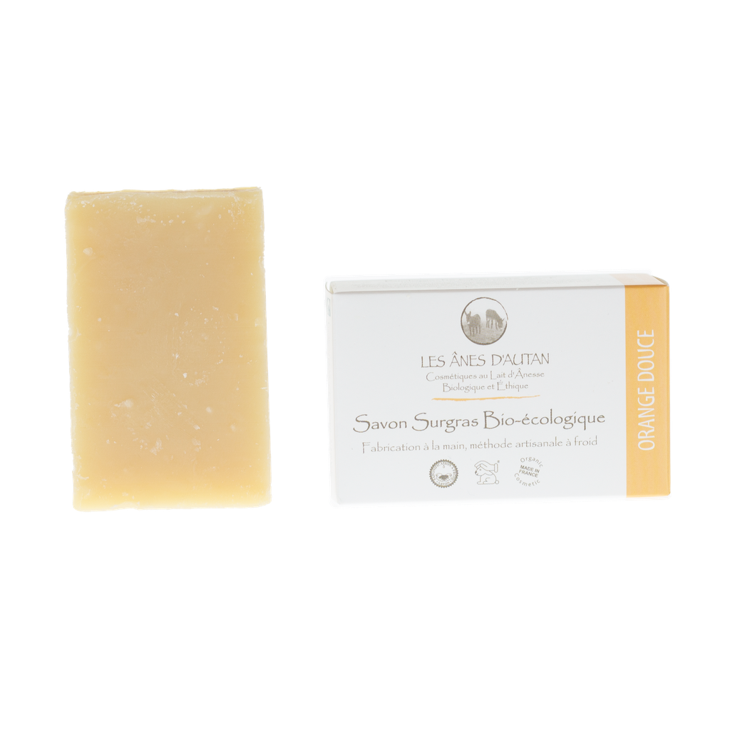 Savon artisanal à froid surgras adoucissant au lait d'ânesse - Orange douce (apaisant) - 100 gr