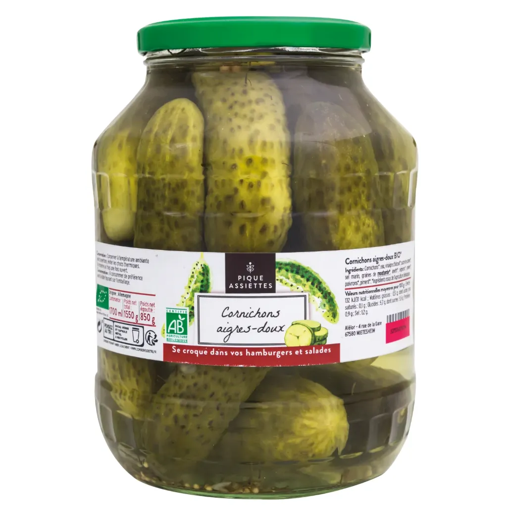 Cornichons aigres-doux bio - 1700 ml - 850 g