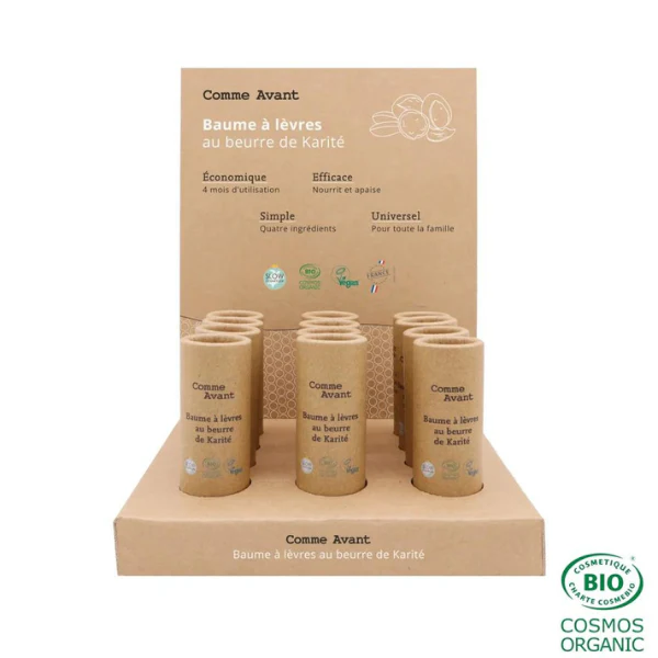 Présentoir de 9 baumes à lèvres - 15g (beurre de karité) + 3 testeurs