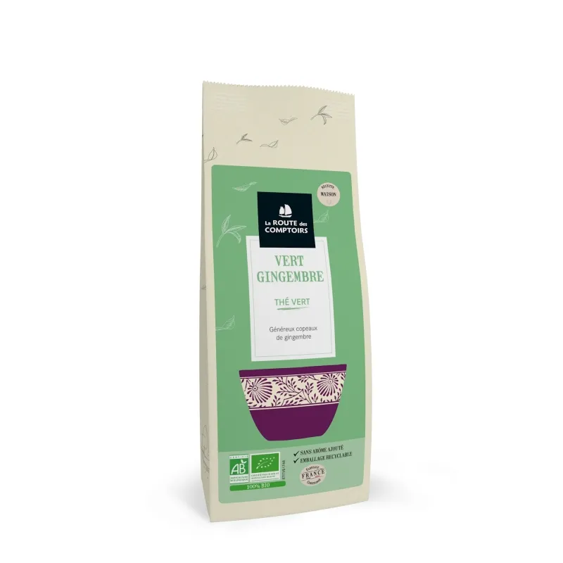 THÉS VERTS SANS ARÔME AJOUTÉ - VERT GINGEMBRE - Généreux copeaux de gingembre sachet 100 g