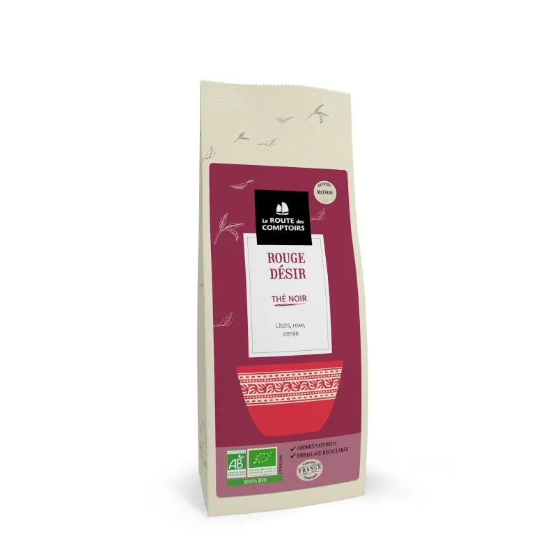 THÉS NOIRS AUX FRUITS - ROUGE DESIR - Rose. litchi. cerise sachet 100 g