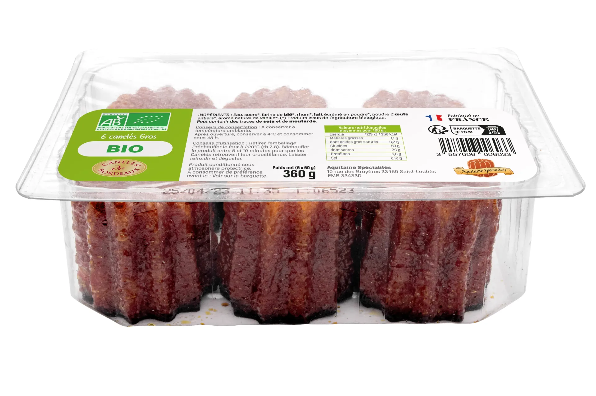 Barquette de 6 gros canelés bio (DLC 40 jours)