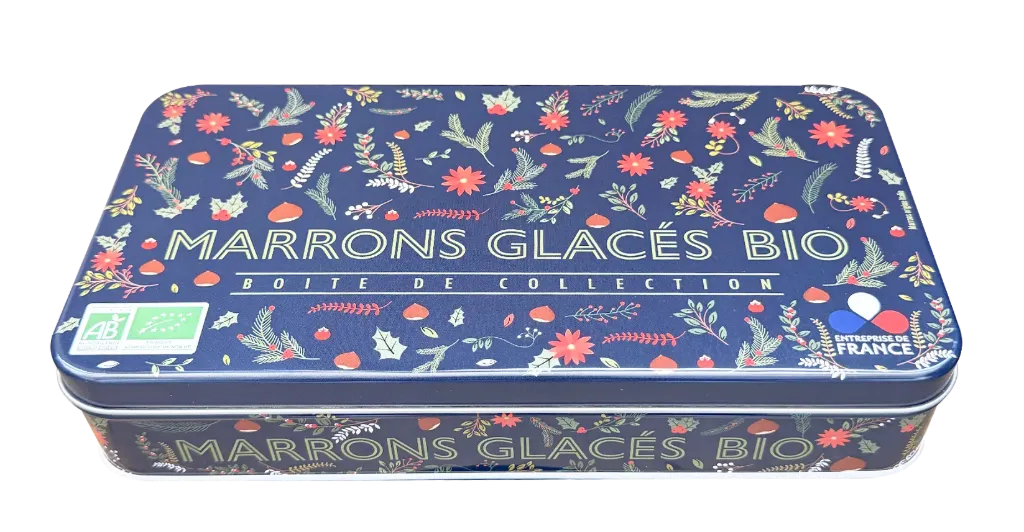 Boîte métal 8 marrons glacés pliés or bio - 160 g